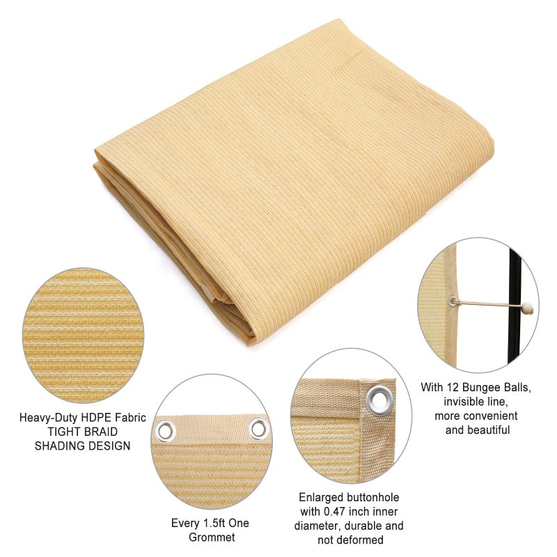 Shatex 90% Shade Fabric 6' x 8' Sun Shade Cloth with Grommets for Pergola Cover Canopy, Wheat, 12 Bungee Balls - Image 4